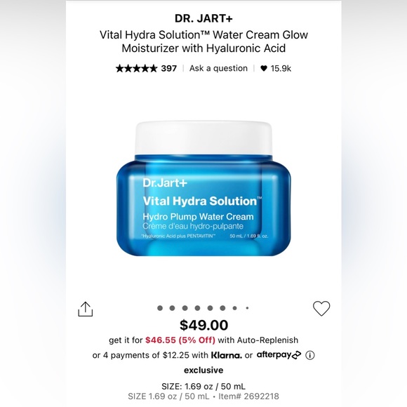 Dr. Jart+ Vital Hydra Solution Water Cream Glow Moisturizer 28ml - Picture 2 of 2